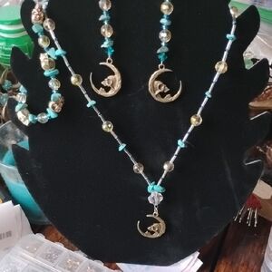 Hand Crafted Gold and Turquoise Moon Necklace Set